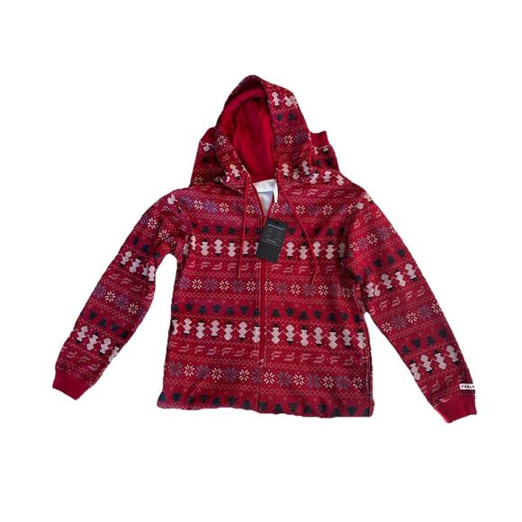 Fabletics Winter Red Fair Isle Cozy Fleece Hooded Onesie Pajamas Medium - Picture 3 of 8